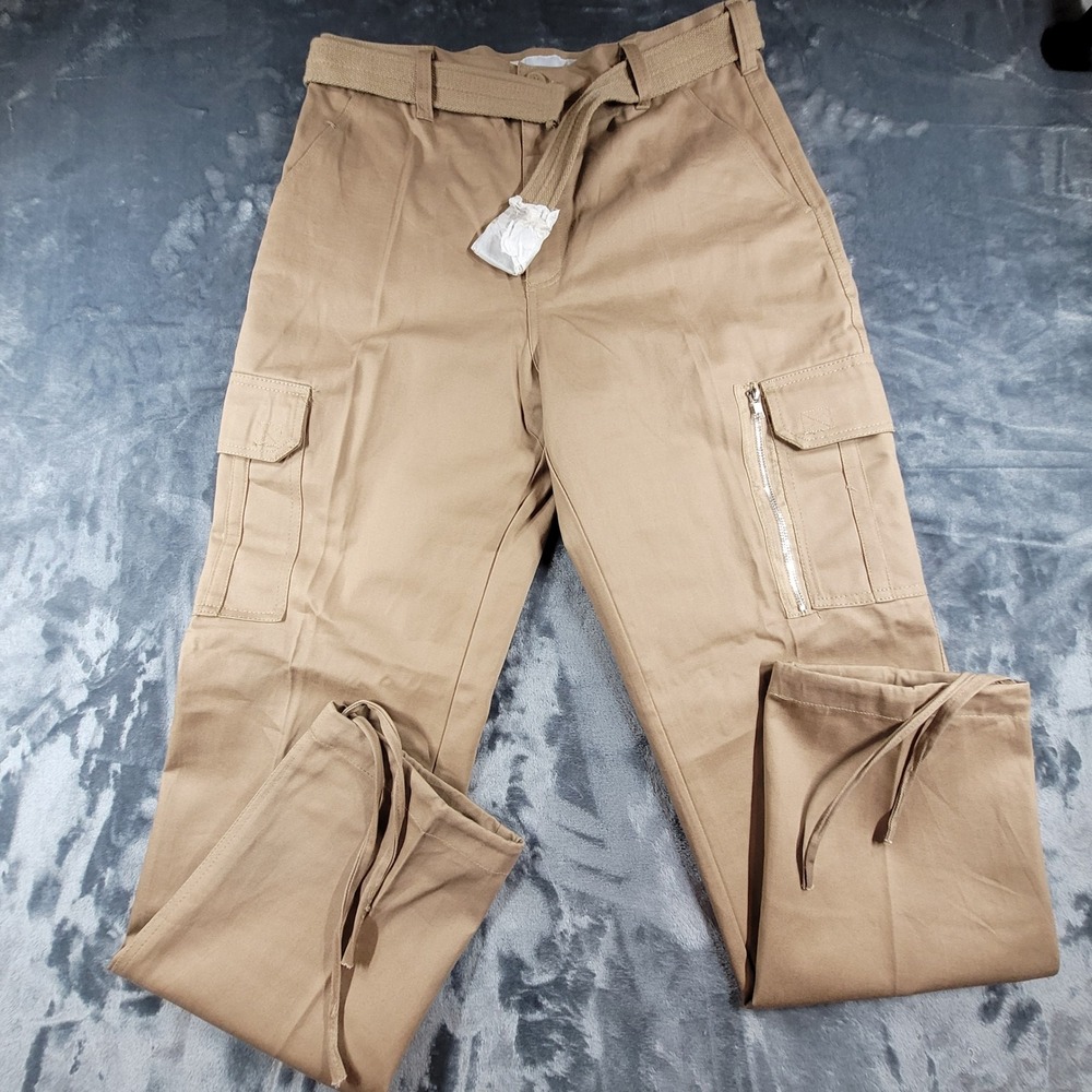 Trust Mens Khaki Cargo Pants Tan Cotton Twill Zipper‎ Detail Belted 34x32
